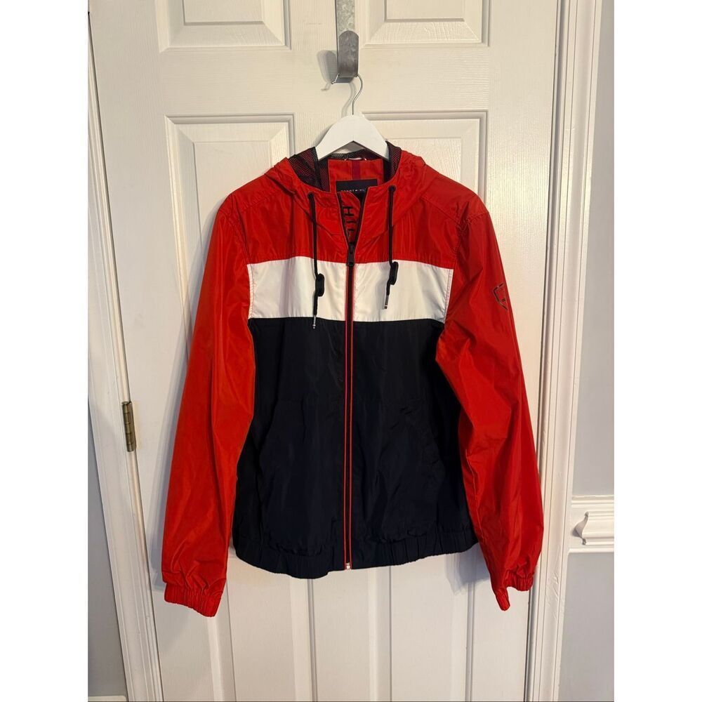 Tommy Hilfiger Men’s Red & Blue Spell Out Zip Up Windbreaker Sz L NWOT